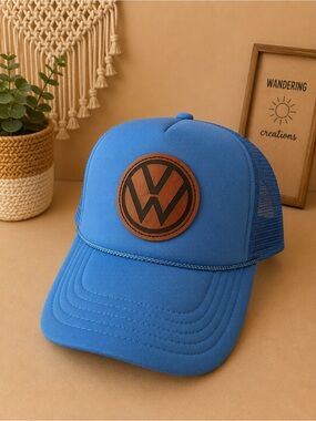 Volkswagen Blue Trucker Hat with Brown Leather Patch